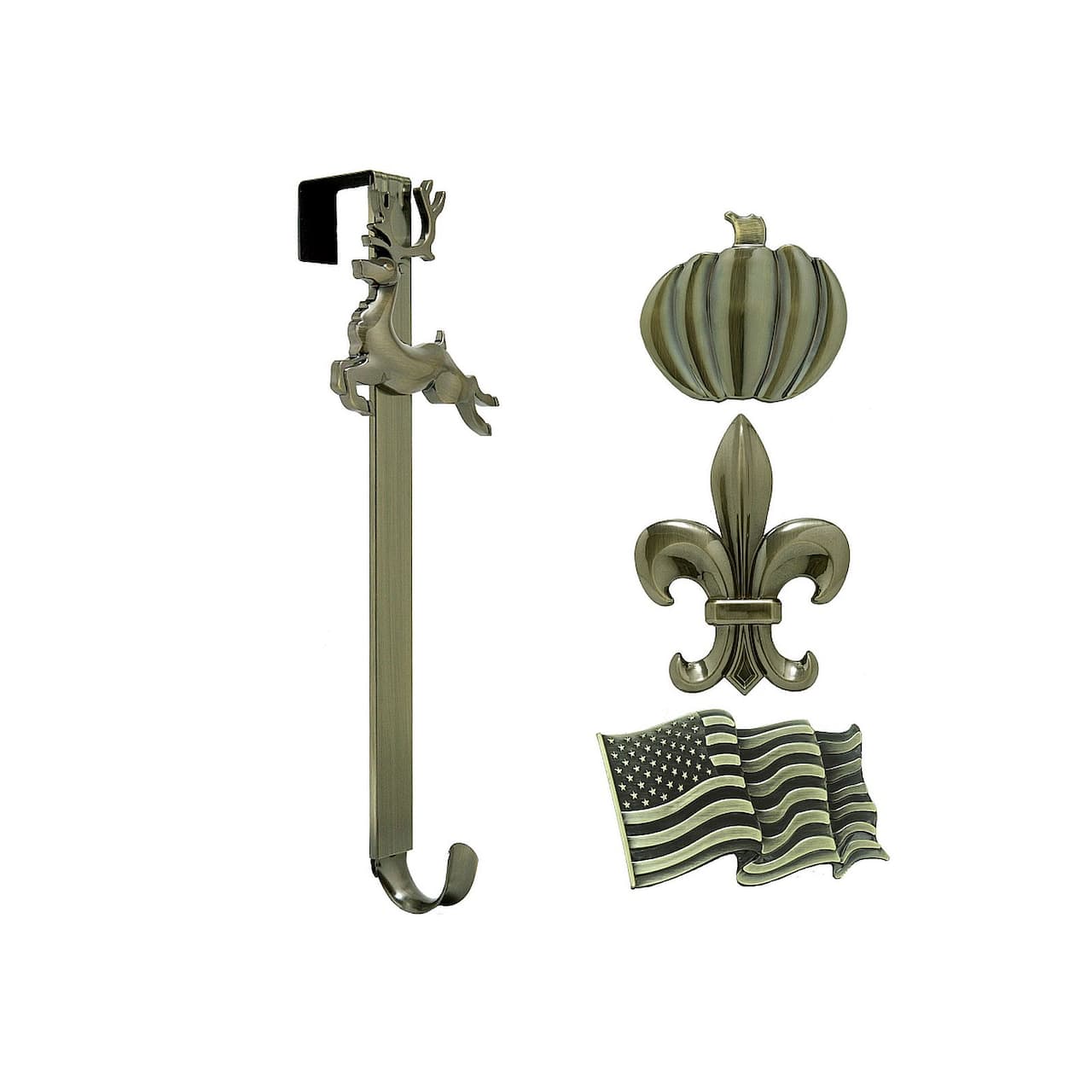Haute Decor Antique Brass Adjustable Wreath Hanger with Removable Icons